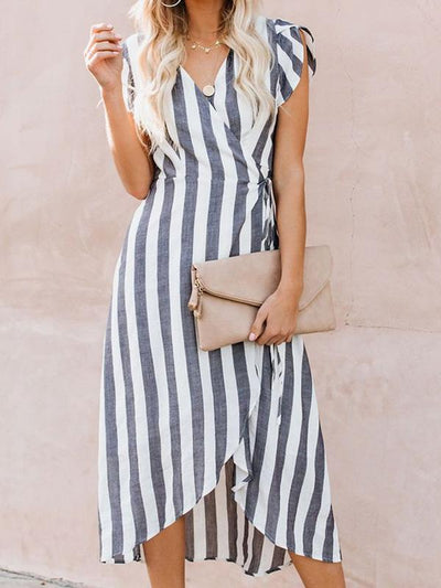 V-Neck Striped Flying Sleeve Maxi Dress