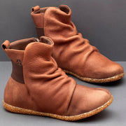 Women's plain leather comfortable flat round head elastic band boots