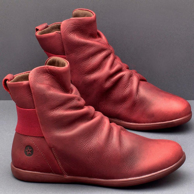 Women's plain leather comfortable flat round head elastic band boots