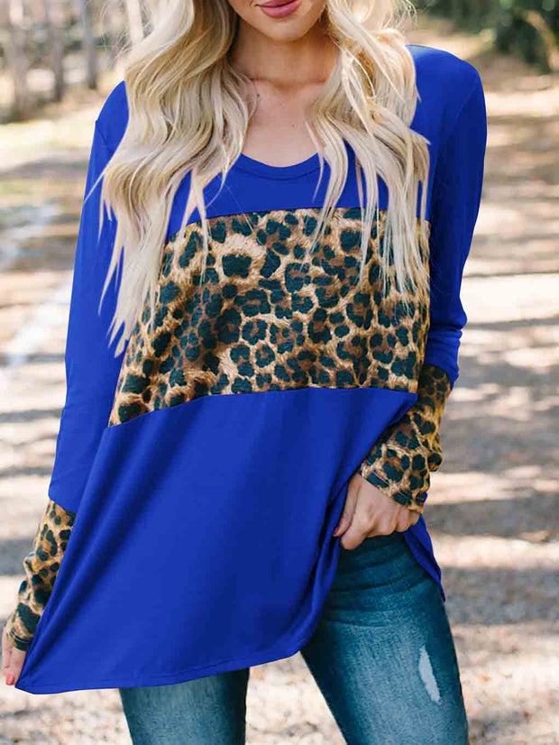 Leopard-Print Stitching Long-Sleeved Blouse