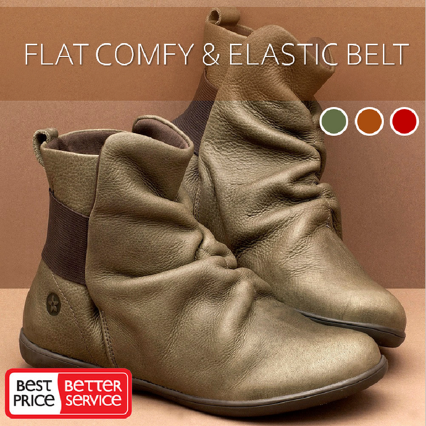 Women's plain leather comfortable flat round head elastic band boots