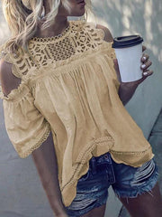 Lace Stitching Cold Shoulder Blouses