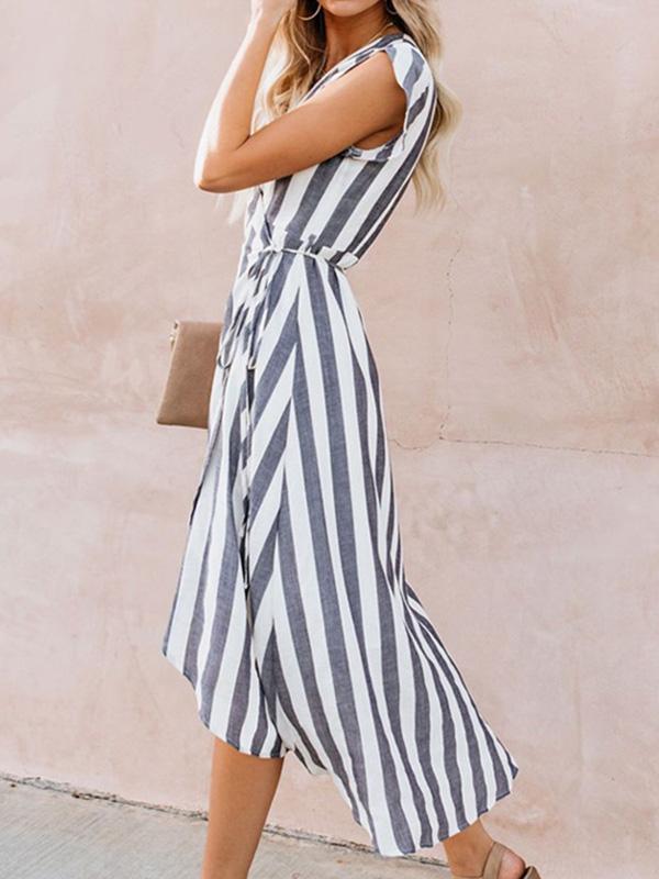 V-Neck Striped Flying Sleeve Maxi Dress