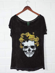 wiccous.com Plus Size Tops Skull Print Off-Shoulder T-Shirt