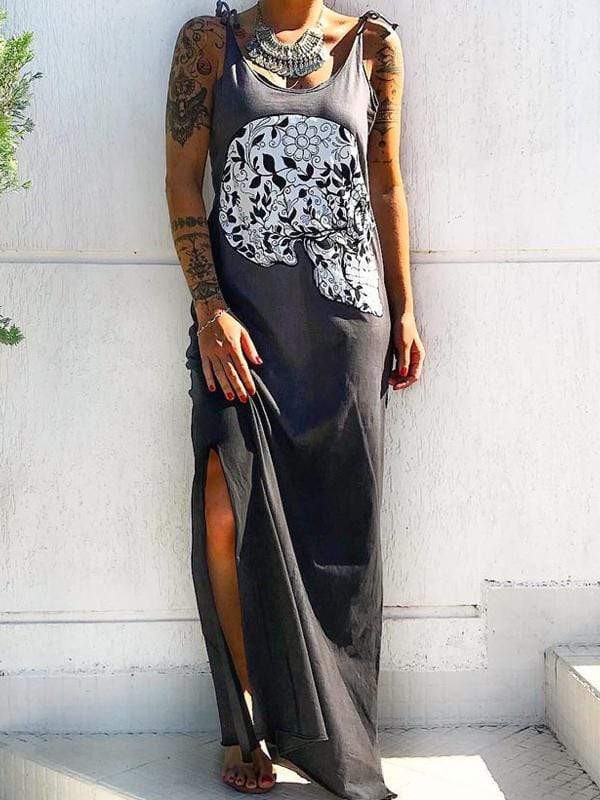 wiccous.com Plus Size Dress Black / S Skull Print Suspender Dress