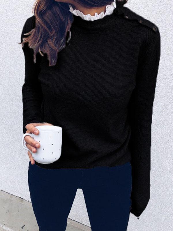 Lace Stitching Shoulder Button Design Long-Sleeved Top