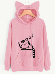Loose Print Cat Print Hooded Sweater