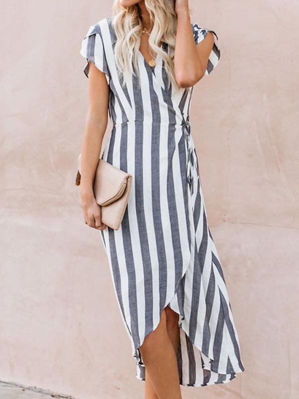 V-Neck Striped Flying Sleeve Maxi Dress