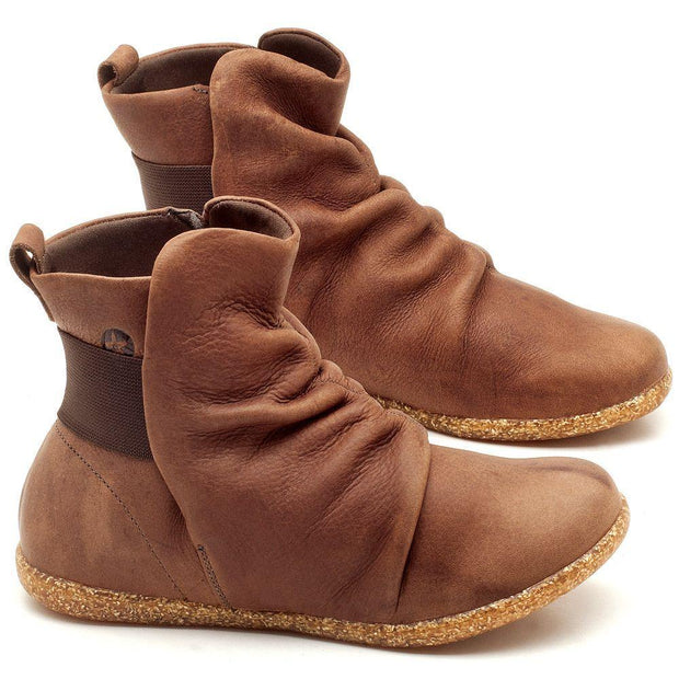 Women's plain leather comfortable flat round head elastic band boots