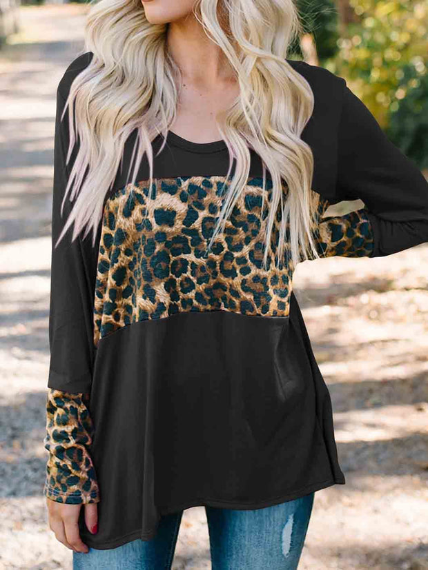 Leopard-Print Stitching Long-Sleeved Blouse