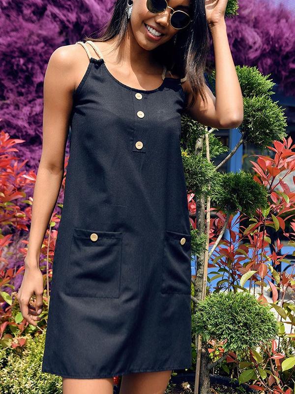 Sleeveless Button Mini Dress With Pocketed