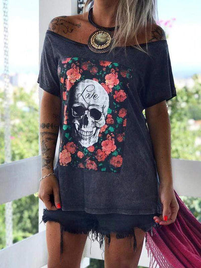 wiccous.com Plus Size Tops Skull Print Off-Shoulder T-Shirt