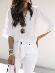 Deep V-neck 1/2 Sleeve Blouses