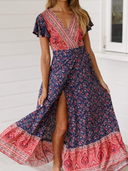 wiccous.com Maxi Dress Printing / S Deep V-neck Floral Strap Split Maxi Dress