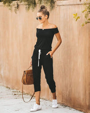 wiccous.com Bottoms Black / S Drawstring Boat Neck Jumpsuit With Pocketed