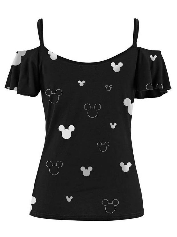 Mickey Mouse Off-The-Shoulder Lotus Leaf Sleeve T-shirt