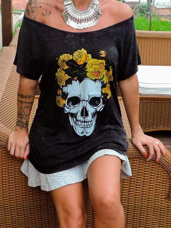 wiccous.com Plus Size Tops Skull Print Off-Shoulder T-Shirt