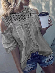 Lace Stitching Cold Shoulder Blouses