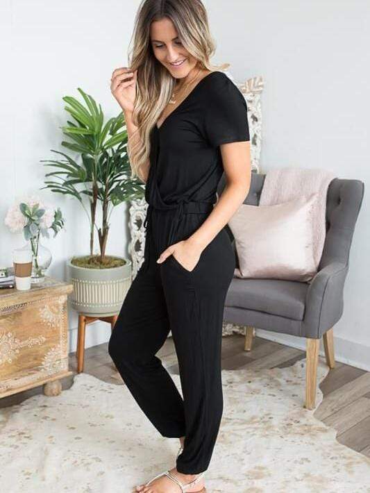 wiccous.com Jumpsuits Black / S deep V neck intersect Jumpsuits