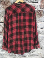 Red Black Garment Wash Long Sleeve Plaid Shirt