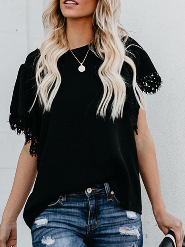 Lace-Paneled Short-Sleeved Chiffon Blouse