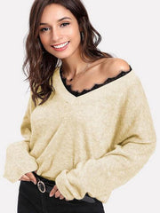 V-Neck Lace Trim Long Sleeve Sweater