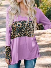 Leopard-Print Stitching Long-Sleeved Blouse