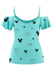 Mickey Mouse Off-The-Shoulder Lotus Leaf Sleeve T-shirt