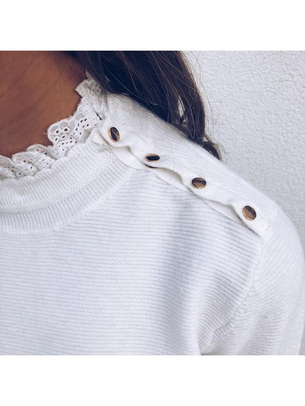 Lace Stitching Shoulder Button Design Long-Sleeved Top