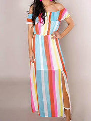 Rainbow Stripe Ruffle Maxi Dress