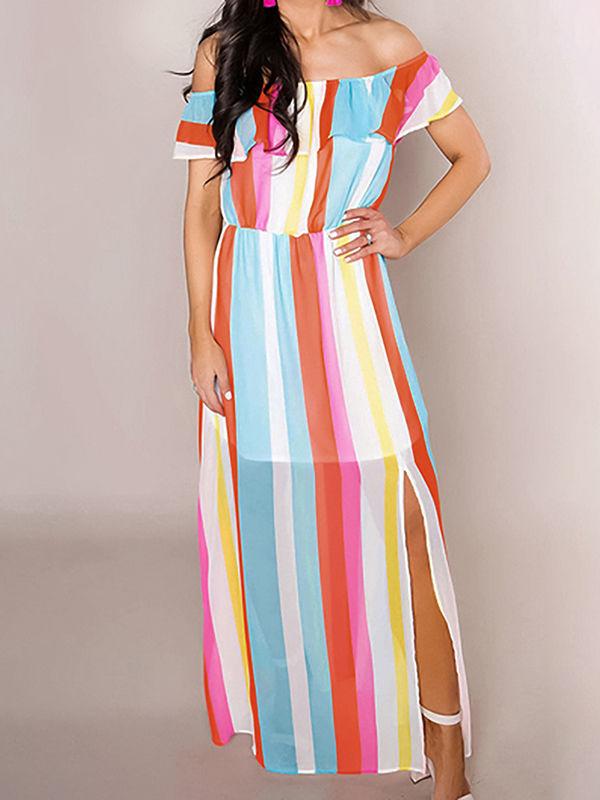 Rainbow Stripe Ruffle Maxi Dress