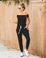 wiccous.com Bottoms Black / S Drawstring Boat Neck Jumpsuit With Pocketed
