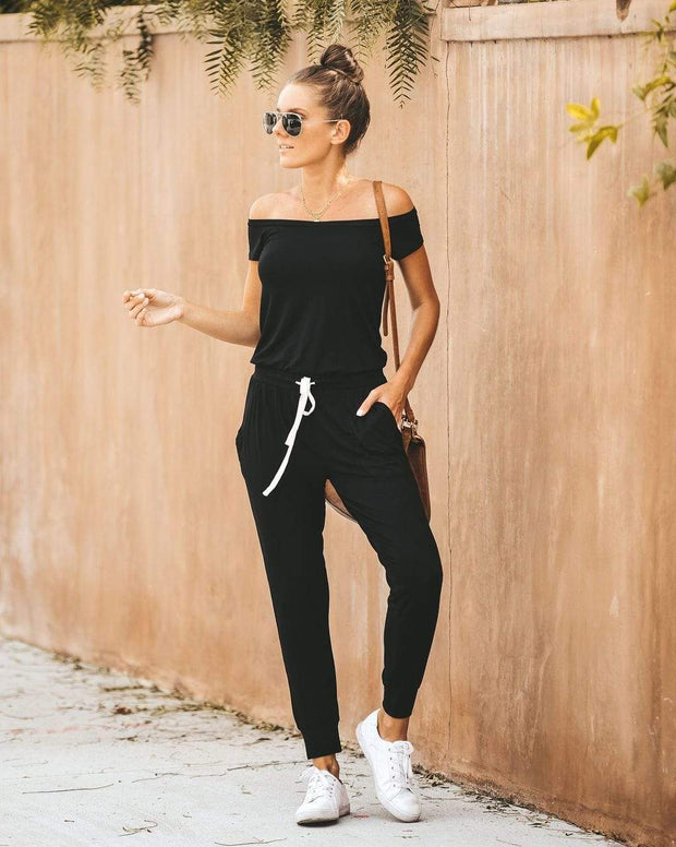 wiccous.com Bottoms Black / S Drawstring Boat Neck Jumpsuit With Pocketed