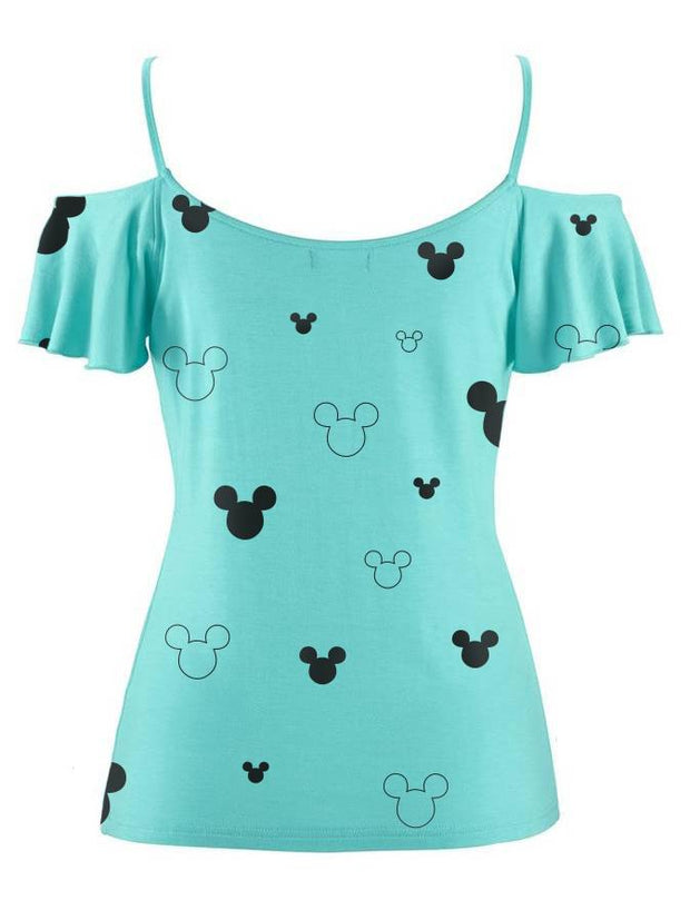 Mickey Mouse Off-The-Shoulder Lotus Leaf Sleeve T-shirt