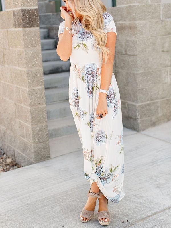 Floral Print Maxi Dress With Pocketed