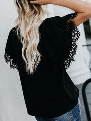 Lace-Paneled Short-Sleeved Chiffon Blouse