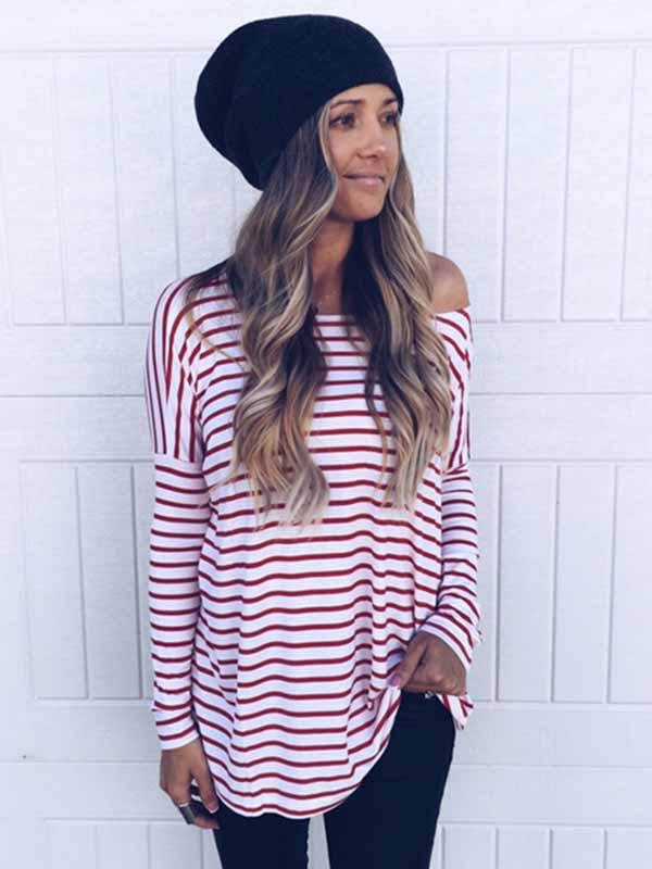 Spring Autumn Striped Off-Shoulder Long Sleeve Top