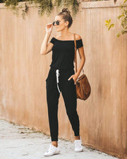 wiccous.com Bottoms Black / S Drawstring Boat Neck Jumpsuit With Pocketed