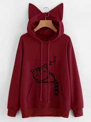 Loose Print Cat Print Hooded Sweater