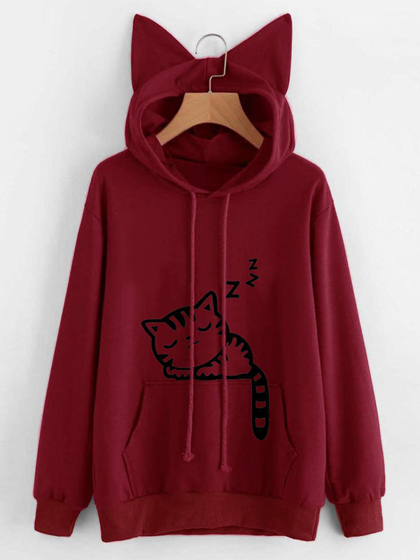 Loose Print Cat Print Hooded Sweater
