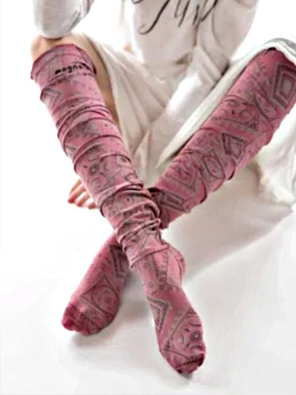 Pink Retro Geometric Long Tube Knee Socks