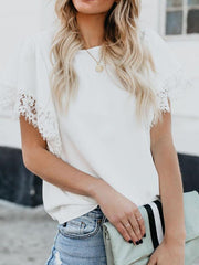 Lace-Paneled Short-Sleeved Chiffon Blouse