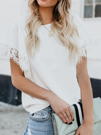 Lace-Paneled Short-Sleeved Chiffon Blouse