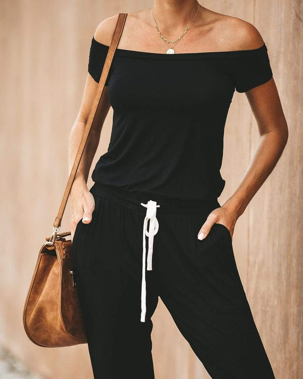 wiccous.com Bottoms Black / S Drawstring Boat Neck Jumpsuit With Pocketed