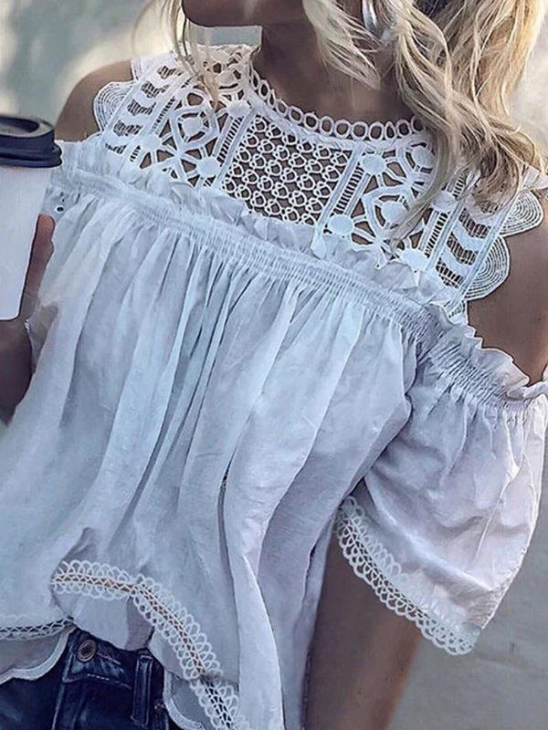 Lace Stitching Cold Shoulder Blouses