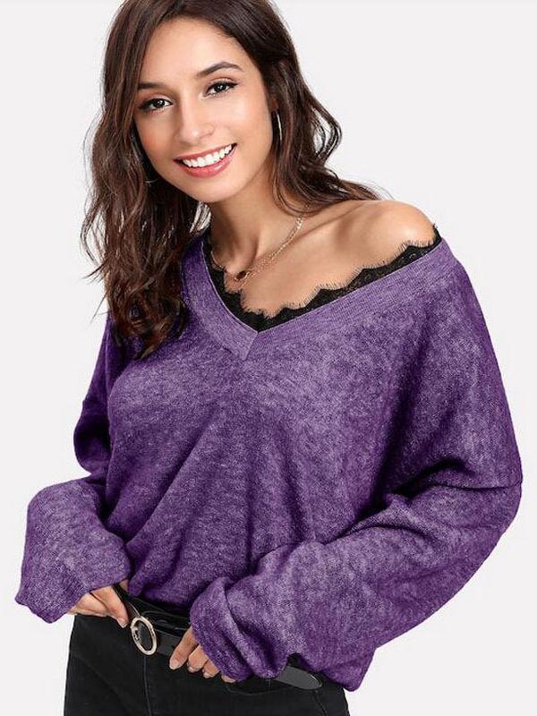 V-Neck Lace Trim Long Sleeve Sweater