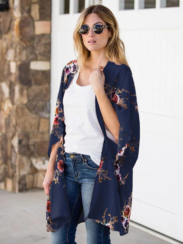 Floral Printed Bat Sleeve Cardigan