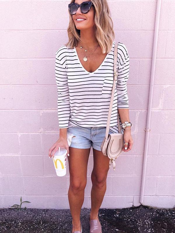 V-Nekcline Stripe Long Sleeve Top