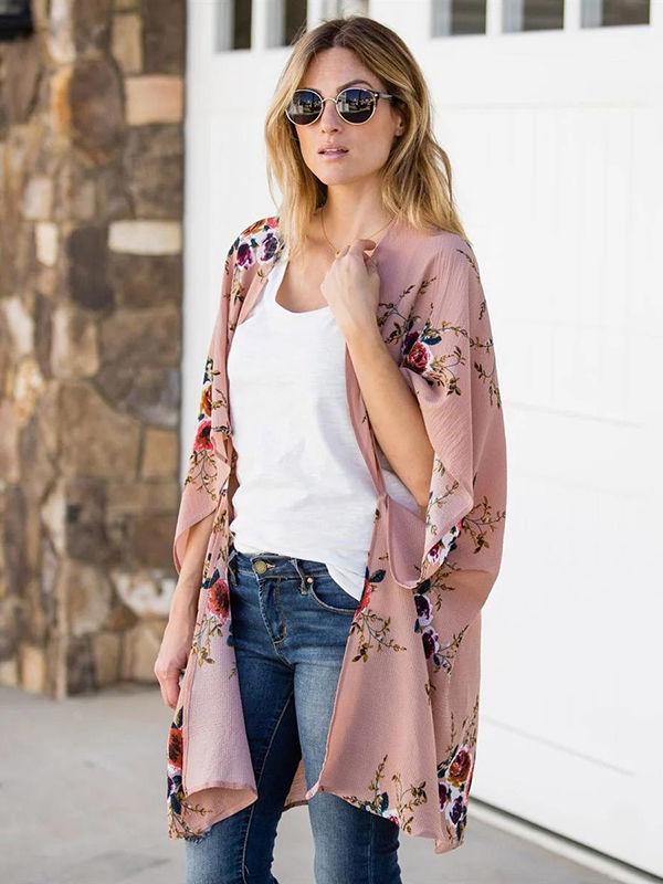 Floral Printed Bat Sleeve Cardigan