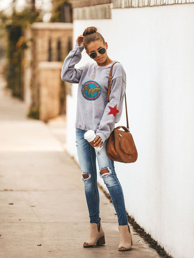 Wonder Woman Round Collar Long Sleeve Sweatshirt